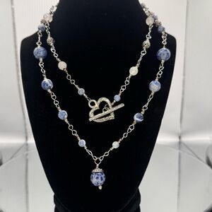 Sodalite Silver and Blue Beaded Necklace with Silver Heart Toggle Closure